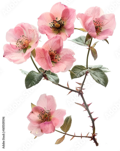 Delicate Pink Roses Branch Thorns Isolated