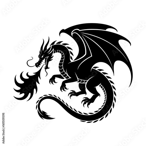 black and white silhouette vector illustration of a dragon breathing fire
