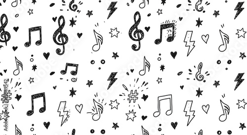 Hand drawn black and white musical doodle pattern with notes, treble clefs, stars, and lightning bolts