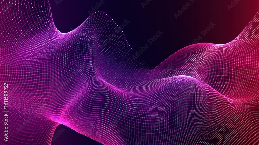 Abstract purple and pink flowing wave of particles on dark background. Abstract purple and pink flowing wave of particles on dark background.