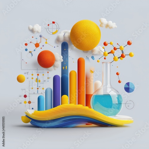 A colorful 3D scientific visualization featuring charts, molecular structures, and a flask filled with blue liquid, symbolizing data analysis and chemistry.