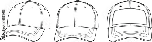 CAD drawing flat vector illustration, baseball cap design, garments dress, garments cloth, fashion accessory sketch, hat blueprint, cap pattern