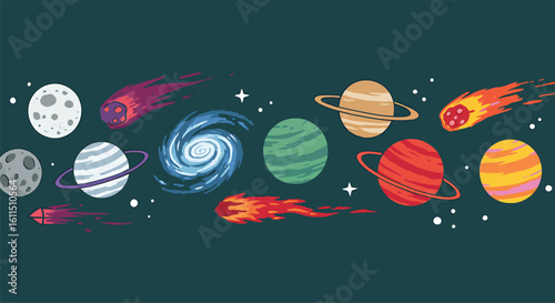 Colorful Hand-Drawn Cartoon Planets and Comets with Galaxy on Dark Teal Space Background