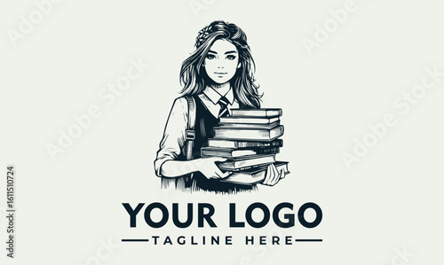 A young woman holding a stack of books, depicted in a vintage illustration style, with logo text.
