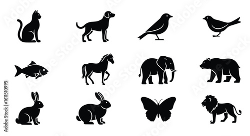 A collection of animal silhouettes including a cat, dog, bird, fish, horse, elephant, bear, rabbit, butterfly, and lion