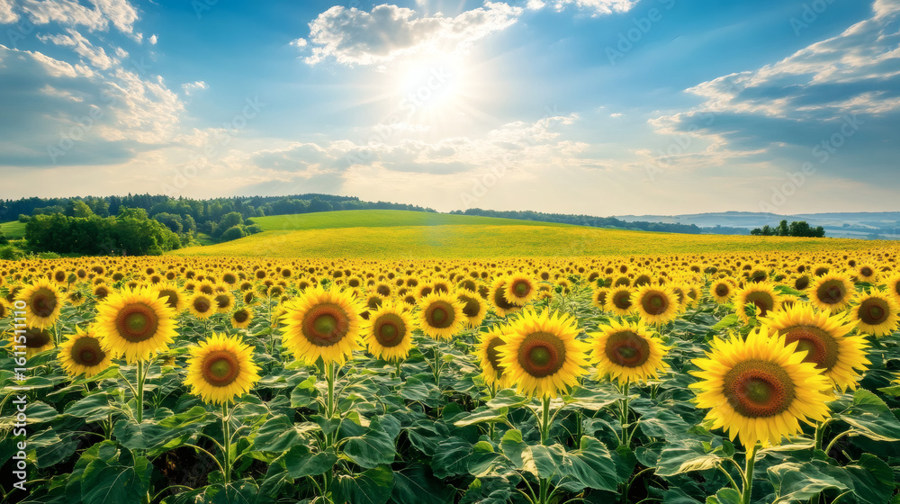 Obraz premium Sunflowers in a vast field under a summer sky.