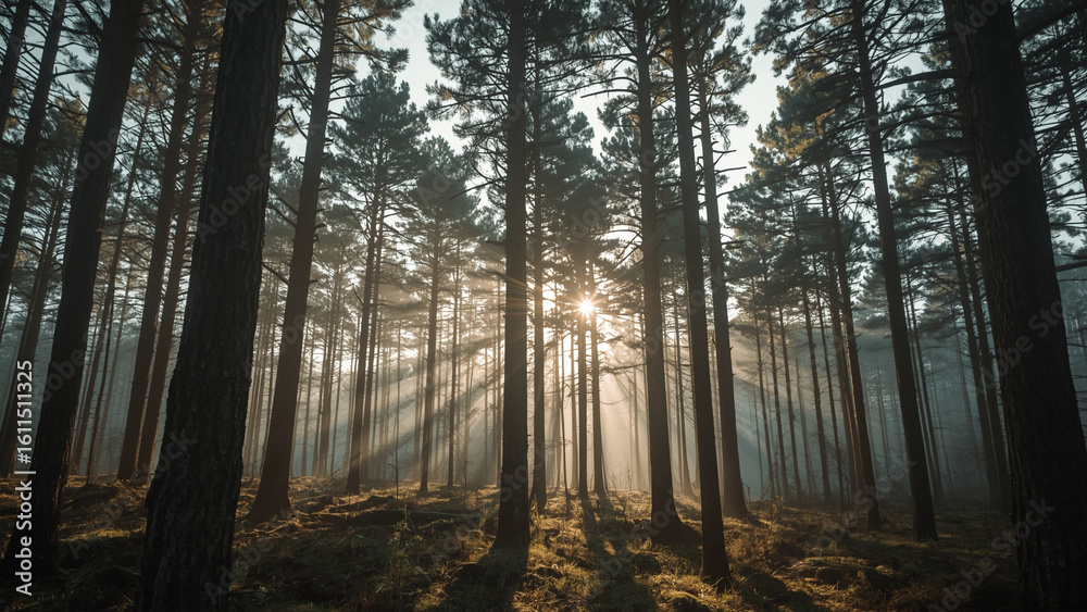Obraz premium Morning Sunlight Through Pine Forest