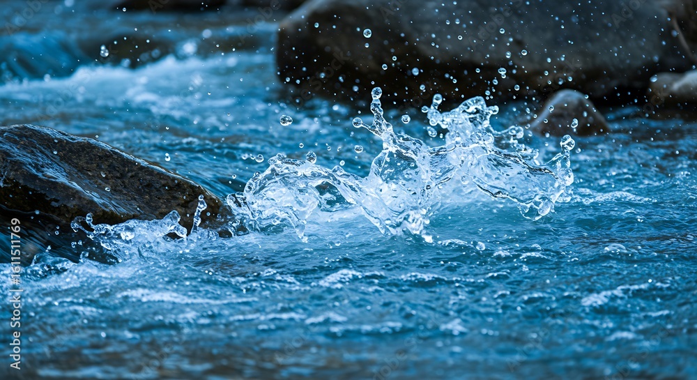 Fototapeta premium A close-up of cool blue water splashing against dark rocks in a fast-flowing river.