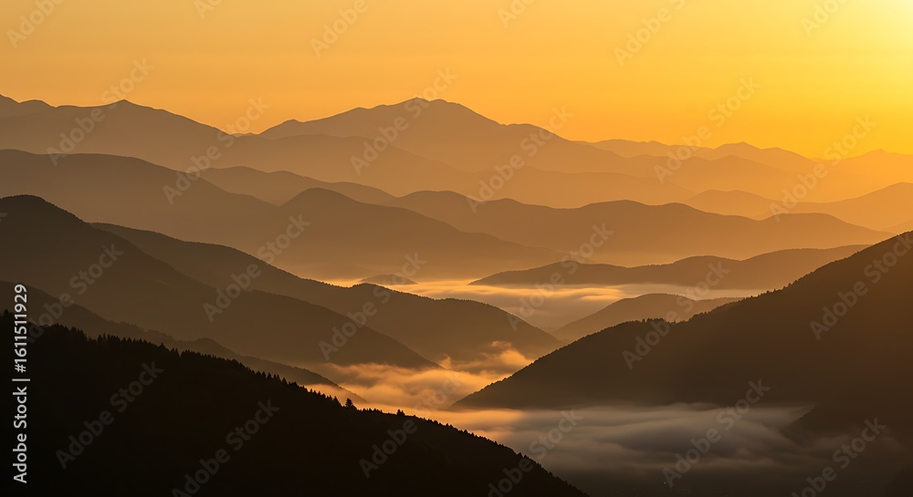 Fototapeta premium Layers of mountain silhouettes fade into the distance under a warm golden sunrise glow, with mist filling the valleys below.