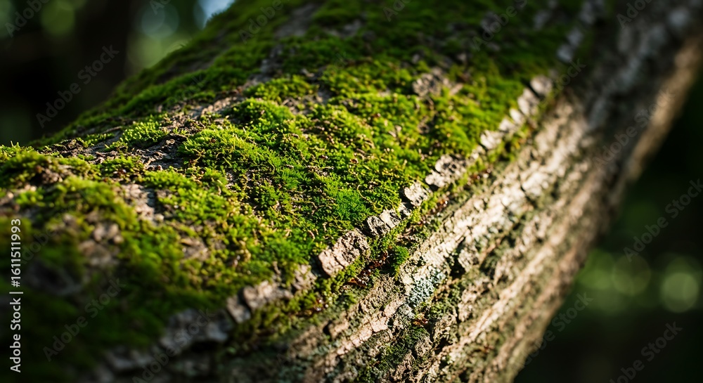 Sunlight highlights vibrant green moss growing on the rough, textured bark of a tree trunk. Sunlight highlights vibrant green moss growing on the rough, textured bark of a tree trunk.