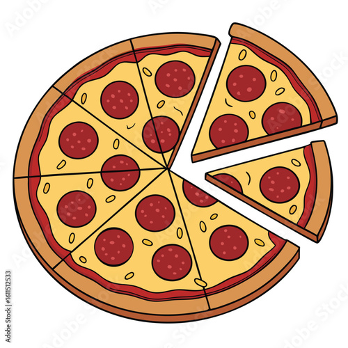 Whole Pepperoni Sausage Pizza Vector Illustration with Cheese on White Background