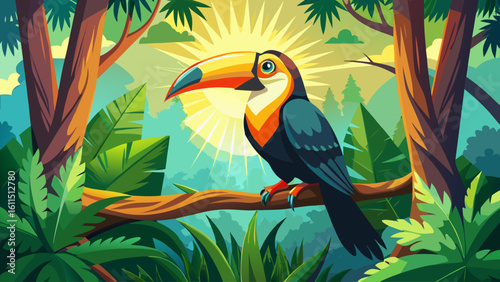 A toucan perches on a mossy branch deep in the Amazon, its colorful beak catching shafts of sunlight