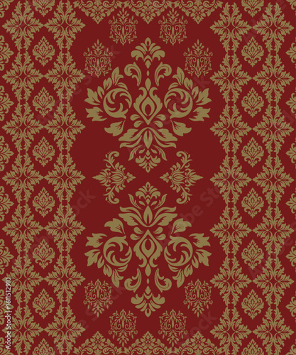 Damask pattern design draws inspiration from classical European textiles, known for their ornate motifs and symmetrical detailing. This fabric design features intricate floral and foliage elements.