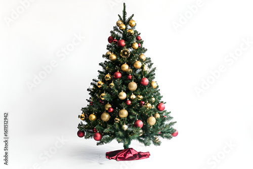Decorated Christmas tree gold red ornaments white background