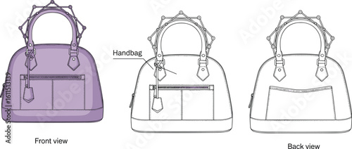 CAD drawing flat vector illustration, handbag design, fashion accessory sketch, front and back view, labeled bag blueprint, purse pattern