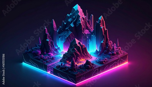 Futuristic Isometric Diorama of Crystalline Mountains Bathed in Neon Light