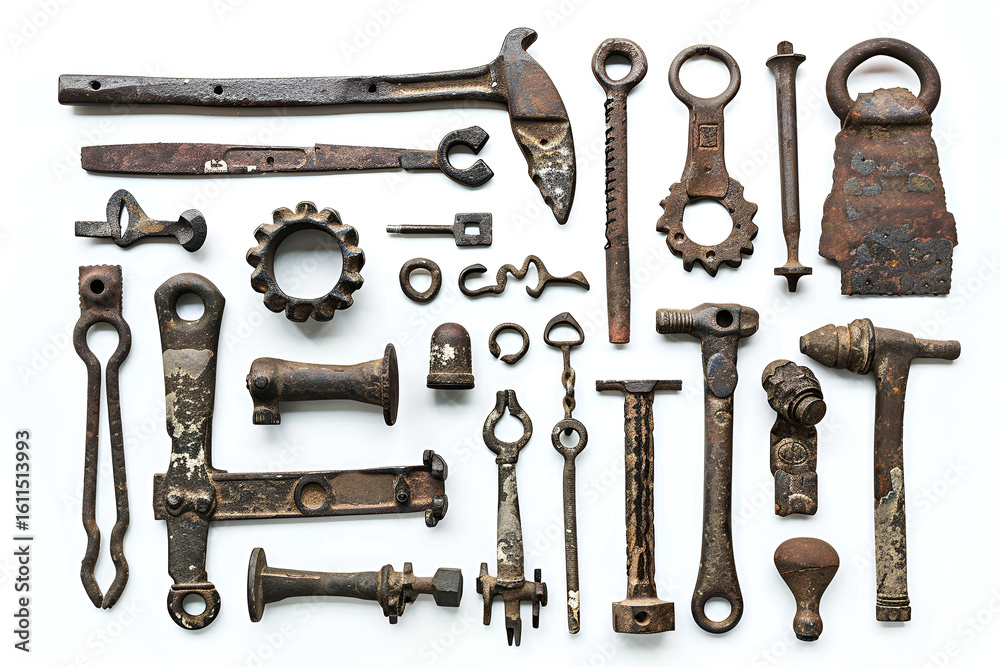 Obraz premium Antique Rusty Tools Collection White Background