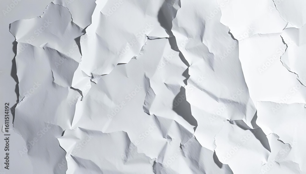Obraz premium Deep creases and shadows on white crumpled paper, abstract texture, backdrop, uneven