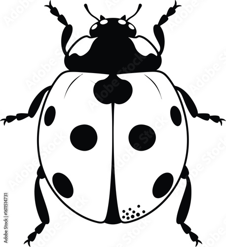 A black and white graphic illustration of a ladybug with spots on its wings and legs on a white background