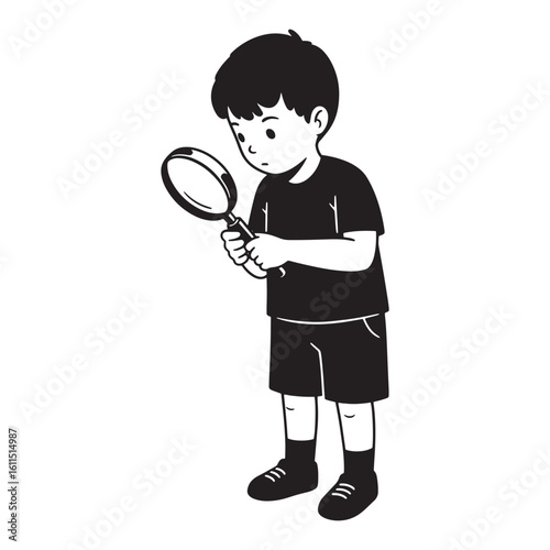 Curious young boy examining something with magnifying glass in black and white vector