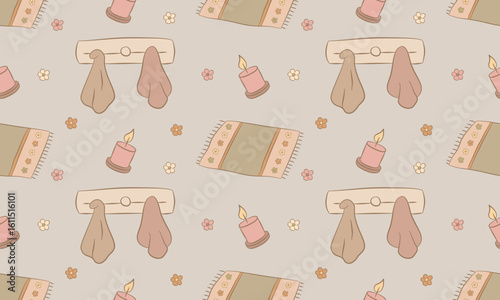 Cozy Seamless Pattern ,Rugs, Hangers & Candles Illustration