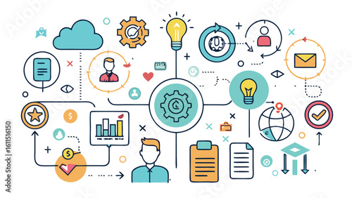 Conceptual flat vector design illustration of people connected through a social media network on a mobile web cloud computing platform, symbolizing global communication and data exchange