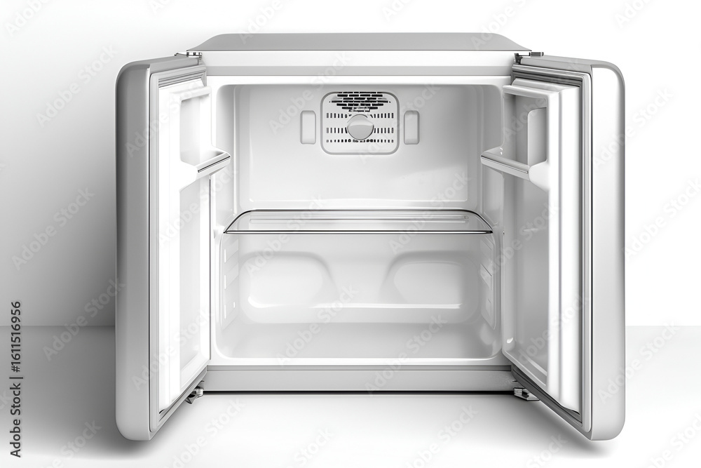 Fototapeta premium Empty silver mini fridge open doors clean interior