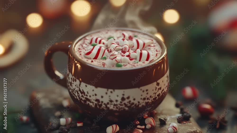 Delicious cinnamon, chocolate and peppermint coffee beverage with whipped cream and a sprinkle of candy canes.