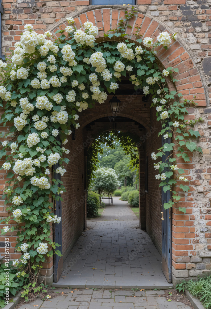 Fototapeta premium Aged Brick Archway with White Flowers and Ivy