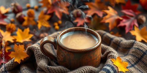 Steaming coffee in rustic mug, cozy autumn scene, cappuccino, food photography