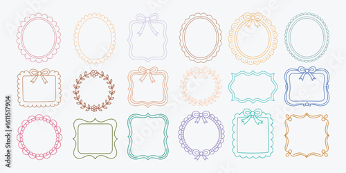 Colorful Hand-Drawn Coquette Frame Set Featuring Oval, Rectangular, Circular Borders with Bows, Leaves, Scalloped Details for Stylish Scrapbook and Graphic Design, Vector modern illustration