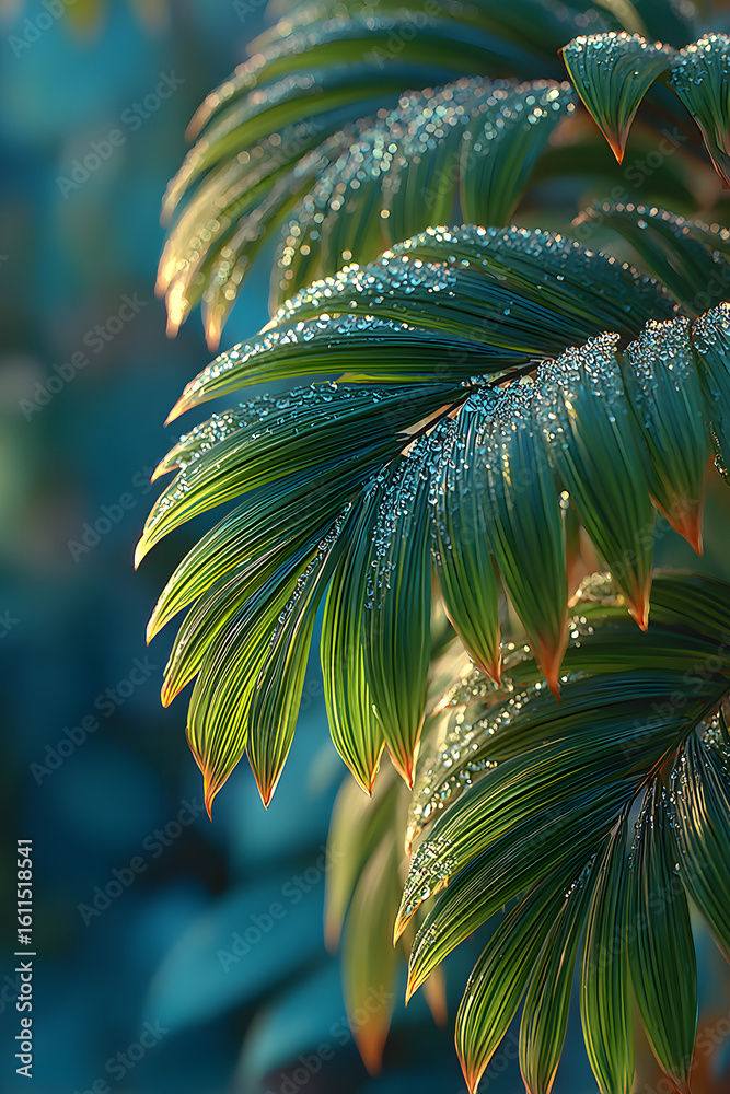 Fototapeta premium Close-up of tropical palm leaves with dewdrops glistening in soft morning light, surrounded by vibrant yellow-orange flowers and a dreamy teal background. 