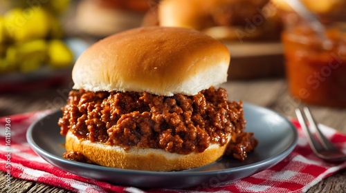 Sloppy joe sandwich overflowing with saucy ground beef on a soft bun picnic table setting