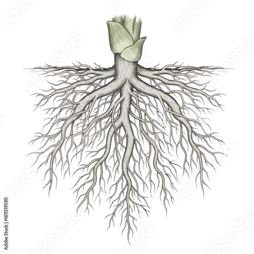 Detailed botanical illustration of plant roots extending widely from a stem, concept for educational diagrams, natural medicine visualizations and ecosystem representation