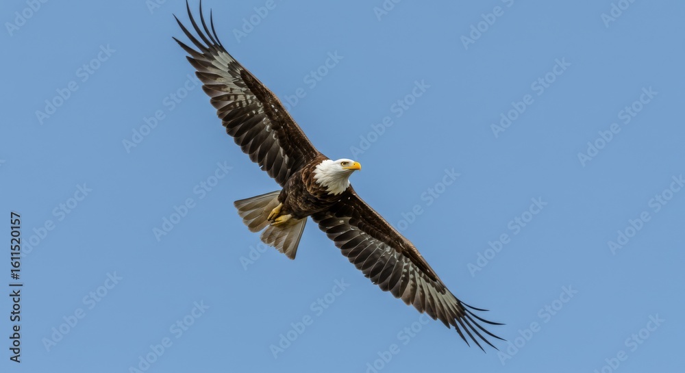 Fototapeta premium Elegant Eagle in Sharp Detail Flying Across Clear Sky with Minimal Landscape and Soft Daylight