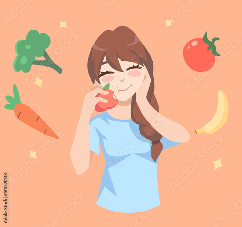Healthy eco diet plan vector illustration. Fresh organic vegetable. Woman planning diet with fruit and vegetable. Healthy food, meal planning,balance diet program