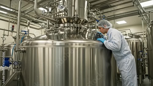 Scientist Inspecting Pharmaceutical Manufacturing Process in Clean Room Facility
