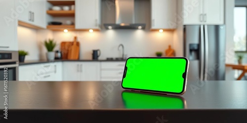 Modern kitchen, mobile phone on table, green screen display, chroma key mockup,  kitchen,  stock