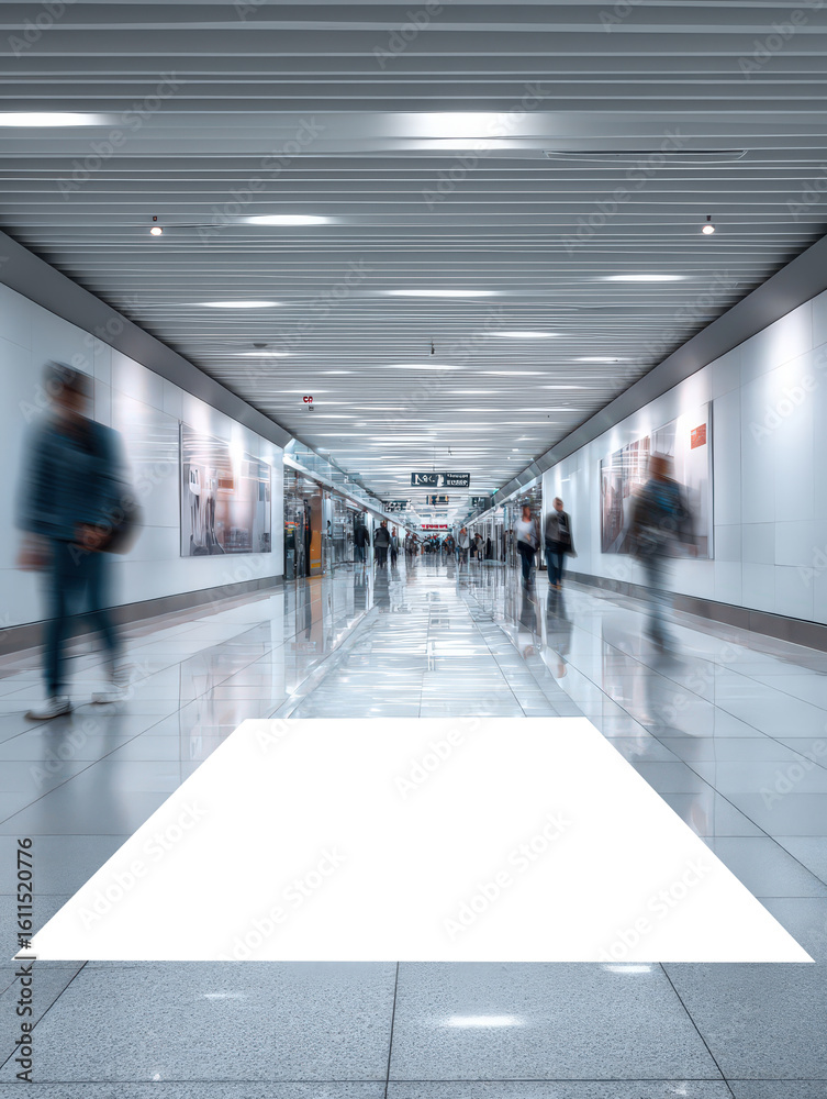 Fototapeta premium A modern, busy walkway in an airport showing blurred figures of travelers passing through white walls and bright lights.