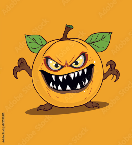 Orange Monster Fruit Character with Sharp Teeth and Angry Face
