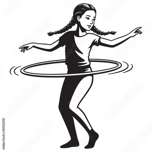 Illustration of a young girl enjoying active play spinning a hula hoop black and white