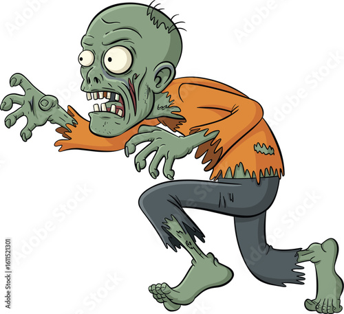 Cartoon zombie character walking, green undead illustration, spooky monster design, creepy Halloween graphic, scary vector image for horror theme, funny scary undead cartoon art
