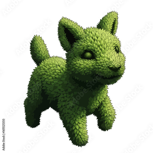 Green topiary sculpture shaped like a dog on a white background, a playful artwork. Concept for garden design, whimsical decorations and pet-themed events