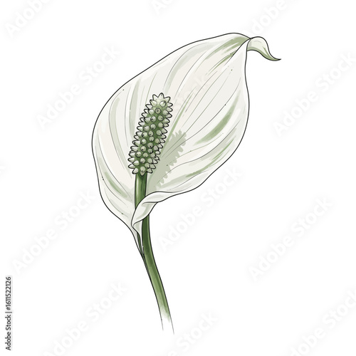 Elegant illustration of a white peace lily with a distinctive spadix and slender stem, concept for botanical art, floral designs and educational resources about plants