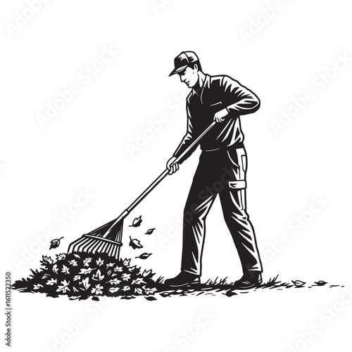 Man raking leaves in the autumn yard a classic black and white illustration