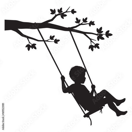 Silhouette of a child enjoying a swing hanging from a tree branch simple illustration