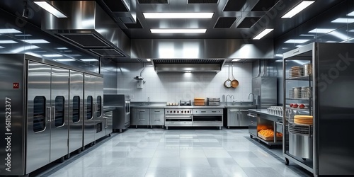 Sleek stainless steel bakery kitchen equipment, spotless surfaces,  environment,  dessert