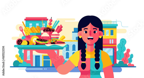 A smiling waitress holding a tray of various delicious fast food items.