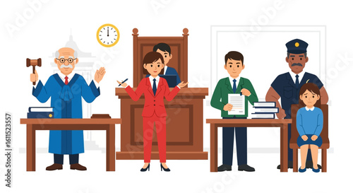 Illustration depicting a courtroom scene with judge, lawyers, and witnesses.