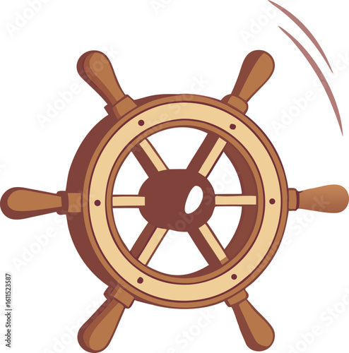 Wooden ship wheel with brown handles and beige spokes helm steering